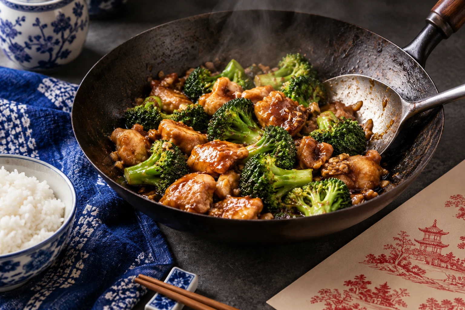 Illustrative chicken and broccoli in a wok with white rice and blue cloth